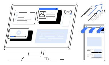 Masaüstü ekranında multimedya olan tarayıcı pencereleri ve cep telefonunda e-ticaret mağazası önü. Oklar çevrimiçi büyümeyi ve bağlantıyı simgeler. Dijital ticaret, web tasarımı, SEO, markalaşma, strateji için ideal