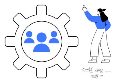 Takım ikonu ile donanım işbirliği ve takım çalışmasını sembolize eder. Bir lider, rehberliği, stratejiyi ve yeniliği temsil ederek ileri doğru işaret eder. Liderlik için ideal, takım çalışması, yenilik, rehberlik