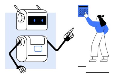 Robot, büyük bir hesap makinesi kullanarak bir kadına el kol hareketi yapıyor, teknolojiyi, otomasyonu ve insan işbirliğini vurguluyor. Yapay zeka, takım çalışması, verimlilik, öğrenme, yenilik finans analizleri için ideal