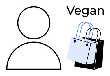 Vegan etiketli iki alışveriş çantasının yanında basit bir insan çizimi. Sürdürülebilir yaşam, etik tüketim, bitkisel yaşam tarzı, minimalizm, çevre dostu alışveriş, vejetaryenlik için ideal