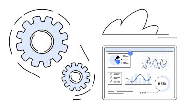 Birbirine bağlı dişliler ve grafik ve grafiklerle dijital gösterge paneli teknolojiyi, otomasyonu ve veri analizini vurguluyor. Teknoloji, bulut hesaplama, iş, analitik, iş akışı, verimlilik için ideal