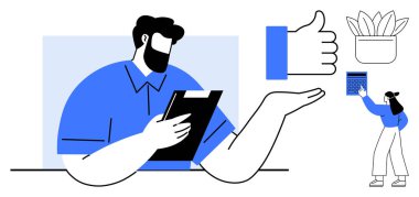 Panoya notlar yazan bir adam, tahtaya uzanan bir kadın, baş parmak hareketi, saksı bitkisi. Takım çalışması, verimlilik, işbirliği, organizasyon başarısı iş yeri yaratıcılığı için idealdir. Düz basit