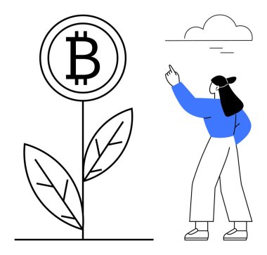 Bitcoin işareti ile büyüyen bir bitkiyi işaret eden dişi, kripto para gelişimini temsil ediyor. Finans, teknoloji, yatırım, büyüme, yenilik, blok zinciri, sürdürülebilirlik için ideal