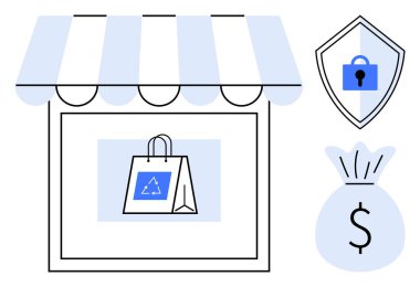 Vitrindeki tente, geri dönüşüm sembollü alışveriş çantası, kilitli güvenlik kalkanı ve para çantası. Çevrimiçi alışveriş güvenliği, e-ticaret, mali büyüme, iş bütünlüğü ve çevre için ideal
