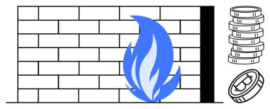 Parlak mavi alevli tuğla duvar siber güvenliği ve kripto para korumasını simgeliyor. Birikmiş paralar ve Bitcoin jetonu şifrelemeyi, finansal güvenliği ve risk yönetimini akla getiriyor. İdeal