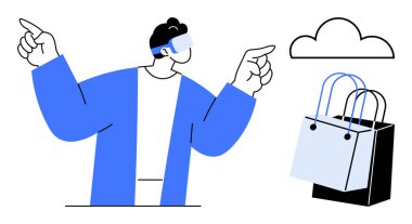 VR kulaklık takan adam yakınlardaki sanal bulut ikonuna bakıyor. E-ticaret, sanal gerçeklik, fütüristik alışveriş, teknolojik gelişmeler, çevrimiçi mağazalar, dijital