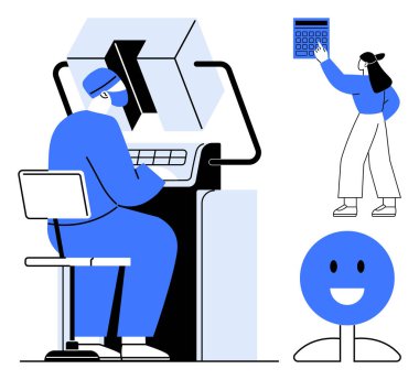 İşçi kontrol paneli, hesap makinesi tutan kadın, soyut gülen yüz. Teknoloji, verimlilik, takım çalışması, üretkenlik, kullanıcı arayüzü, otomasyon düz metaforu için ideal