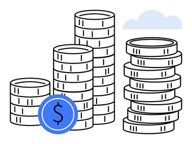 Üzerinde mavi dolar simgesi ve bulut bulunan madeni para kolonları mali büyüme, tasarruf, yatırım geri dönüşleri, bütçe, dijital bankacılık, fintech yeniliği ve finansal planlamayı gösteriyor. Düz basit