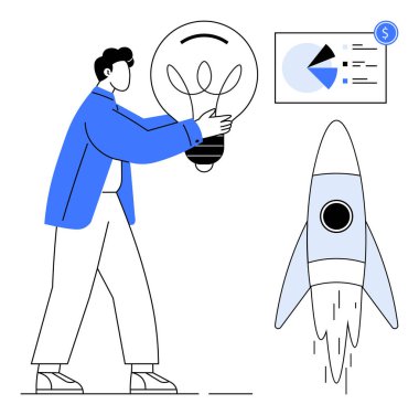Elinde ampul tutan kişi, turta grafiğiyle analitik çizelge ve roket fırlatma. Yenilik, girişimcilik, başlangıç büyümesi, strateji, analiz ve yaratıcılık takım çalışması için idealdir. Düz basit metafor