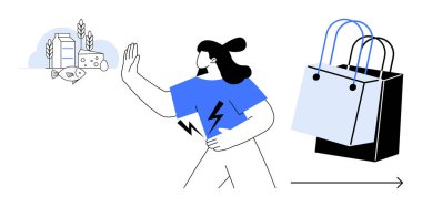 El hareketleriyle bakkaliyeyi reddeden süt, peynir ve balık da dahil olmak üzere alışveriş torbalarını elinde tutan bir kadın. Öncelik teması, tüketim, sağlık tercihleri, yaşam tarzı için ideal