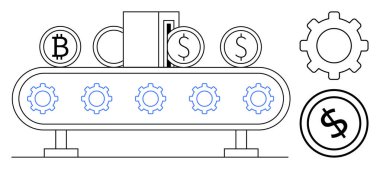 Çarklar ve dişliler tarafından desteklenen Bitcoin ve Dolar sembollü taşıma bandı paralar. Finans, otomasyon, kripto para birimi, teknoloji, süreçler ve yenilik endüstrisi için ideal. Düz basit