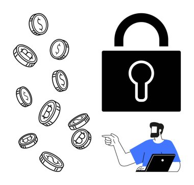 Siber güvenlik ve kripto para birimi temalı siyah kilidi olan, bozuk para saçan ve dizüstü bilgisayar kullanan bir adam. Finans, dijital güvenlik, e-ticaret, fintech, çevrimiçi işlemler, yatırım için ideal