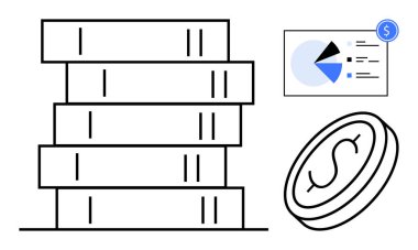 Yığınlanmış kitaplar, bölümlü pasta grafiği, veri etiketleri ve dolar işaretli bir bozuk para. Eğitim, finans, araştırma, yatırım, iş ekonomisi büyümesi ve analizi için ideal. Düz basit