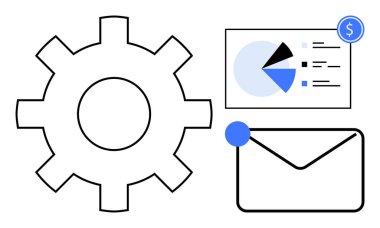 Dişlileri sembolize etme süreci, analiz için pasta grafiği ve iletişim için posta zarfı. Veri görselleştirme, takım çalışması, iş akışı, proje yönetimi, e-posta pazarlama, iş stratejisi dairesi için ideal