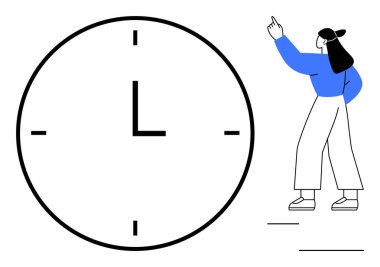 Sayısız büyük saat ve yukarı bakan kadın. Zaman yönetimi, zamanlama, dakiklik, teslim tarihleri, verimlilik, amaç belirleme, düz bir metafor için ideal