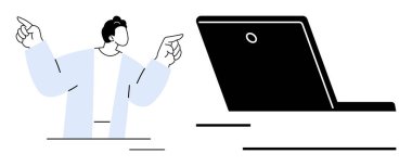 Farklı yönleri işaret eden, açılı bir dizüstü bilgisayarla uğraşan biri. Çevrimiçi öğrenme, dijital iletişim, uzaktan çalışma, takım işbirliği, sanal toplantılar, teknoloji, düz basit