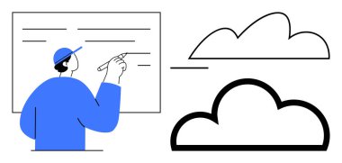 Bulut şekilleriyle bağlantı kuran şapkalı bir adam gemide notlar ya da çizimler yazıyor. Eğitim, beyin fırtınası, yaratıcılık, bulut hesaplama, yenilik, tasarım düşünme takım çalışması için idealdir. Düz basit