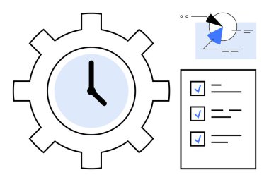 Verimliliği sembolize eden saat, görevleri not eden kontrol listesi, görselleştiren analitik grafik. Planlama, organizasyon, verimlilik, iş akışı, proje yönetimi, öncelik verme dairesi için ideal