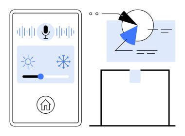 Akıllı ev ses komut arayüzünü, sıcaklık ayarlarını ve veri görselleştirmesini grafiklerle gösteren bağlı bir cihaz ekranını gösteren akıllı telefon ekranı. Teknoloji ve akıllı yaşam için ideal.