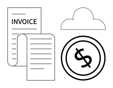 Finansal dolar işaretli fatura belgeleri ve veri depolama ve para işlemeyi vurgulayan bulut elemanı. Fintech, muhasebe, fatura, bulut depolama, ödeme sistemleri, finans uygulamaları için ideal