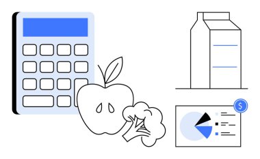Hesap makinesi, elma, brokoli, süt kutusu ve finans tablosu sağlıklı beslenme ve bütçe yönetimi arasındaki dengeyi vurguluyor. Finans, sağlık, planlama, beslenme sağlığı için ideal