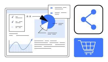 Analitik gösterge paneli pasta grafiği, büyüme grafiği, paylaşım ikonu ve alışveriş arabası. E-ticaret, analitik, veri analizi, kullanıcı davranışı, çevrimiçi iş stratejisi için ideal basit