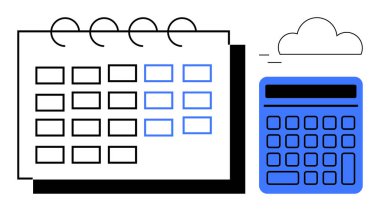 Hesap makinesi ve bulut yanında ızgara yerleşimi olan takvim sayfaları, planlama, organizasyon ve veri depolamayı vurguluyor. Zamanlama, muhasebe, analitik, finans, verimlilik bulutu depolama için ideal