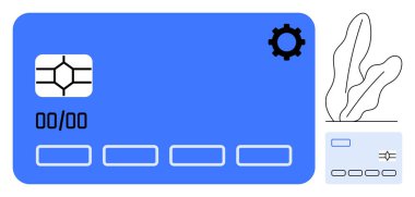 Çipli kredi kartı, özelleştirme teçhizatı, ve finans, teknoloji, e-ticaret, dijital ödeme, güvenlik, kişiselleştirme iş temaları için bitki özeti ideali. Modern düz basit metafor