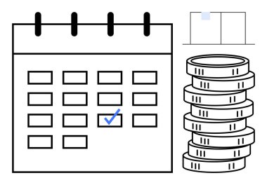 Bir yığın madeni paranın yanında işaretlenmiş bir takvim ve zamanlamayı, tasarrufu ve planlamayı sembolize eden bir tablo. Finans, zaman yönetimi, yatırım, süreler, bütçe ve organizasyon için ideal