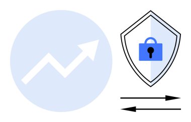 Büyüme grafiği oku yükseliyor, kilidi olan kalkan güvenliği temsil ediyor, iki ok yönü gösteriyor. Veri koruması, iş büyümesi, güvenlik tedbirleri, mali başarı ve veri analizleri için ideal