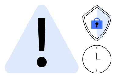 Üçgende ünlem işareti, mavi kilidi olan kalkan ve saat simgesi dikkat, güvenlik ve zaman yönetimi ile iletişim kuruyor. Güvenlik uyarıları, veri koruması, teslim tarihleri, acil uyum için ideal