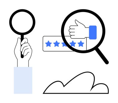 El ele tutuşan büyüteç, baş parmaklar ve beş yıldız. Bulutun minimalist çizgisi. Geri bildirim, değerlendirme, değerlendirme, kalite, müşteri hizmetleri dijital kavramları için ideal. Düz