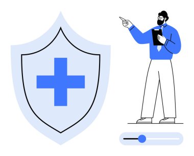 Sağlık haçlı sağlık kalkanı, resmi olarak profesyonel giysi panosu tutuyor ve işaret ediyor. Sağlık hizmetleri rehberliği, sağlık hizmetleri, sigorta, güvenlik, koruma, analiz için ideal