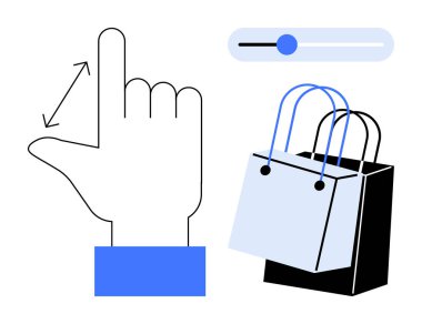Ayarlanabilir kaydırma ve alışveriş torbalarının yanında yakınlaştırma işlevselliği için el hareketi. Çevrimiçi alışveriş, kullanıcı deneyimi, teknoloji, dijital arayüzler, tüketici davranışı, perakende yeniliği için ideal