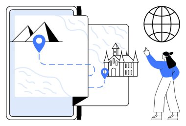 Mavi konum göstergelerine sahip mobil harita, dağ ve kale arasındaki rotayı gösteriyor, küresel seyahati gösteriyor. Seyahat, turizm, seyrüsefer, keşif, planlama, teknoloji coğrafyası için idealdir. Düz