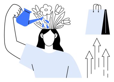 Baştaki çiçekleri sulayan kişi, ticaret için büyüme poşetini, okları ise başarıyı simgeler. Yaratıcılık, sürdürülebilirlik, kendini geliştirme, iş, eğitim, kişisel