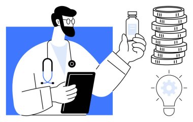 Doktor elinde dosya ve ilaç şişesi, bozuk para yığını, ampul takımı tutuyor. Sağlık, yenilik, finans, tıp, teknoloji maliyet analizi dijital stratejisi için idealdir. Düz basit metafor