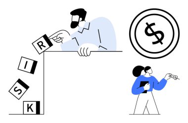 Bir kadın dolar işareti ikonunu işaret ederken erkek risk bloklarını devirir. Risk alma, karar verme, finans, iş stratejisi, ekonomi, liderlik için ideal, düz basit metafor