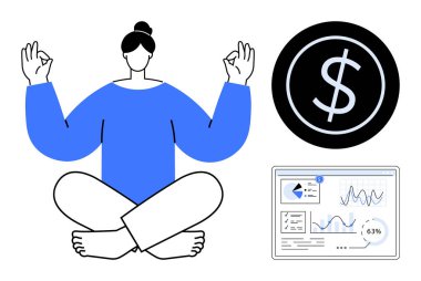 Yoga pozu, bozuk para ve analitik torpido gözünde bacak bacak bacak üstüne atmış biri. Finans, farkındalık, kişisel büyüme, üretkenlik, veri analizi, iş yönetimi dairesi için ideal basit