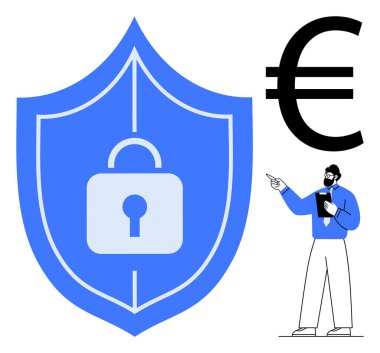Kilitli kalkan, büyük avro işaretinin yanında güvenliği temsil ediyor ve finansal korumayı vurgulayan profesyonel bir işaret. Finans, güvenlik, güven, para birimi sorunları ve danışmanlık için ideal