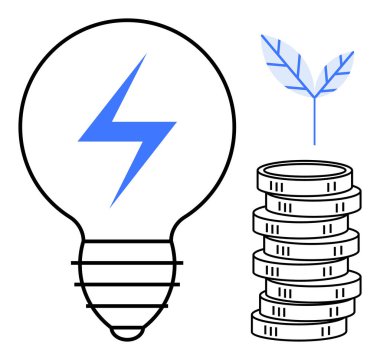 Yıldırımlı ampul enerji yeniliğini simgeler, madeni para yığını ekonomik büyümeyi simgeler, yaprak sürdürülebilirliği simgeler. Yeşil enerji, yenilik, ekonomi, tasarruf ve yatırım için ideal