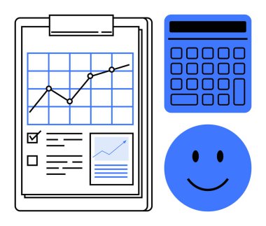 Çizgi grafiği, kontrol listesi, büyüme grafiği, mavi hesap makinesi ve gülümseyen yüz simgesi olan pano. İş planlaması, finans, veri analizi, hedef başarı verimliliği için idealdir.