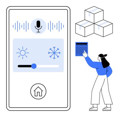 Mikrofonlu kontrol paneli, ısı kaydıracı, ev simgesi, hesap makineli kullanıcı ve istiflenmiş kutular. Akıllı ev teknolojisi, iklim kontrolü, IOT, yenilikçi enerji tasarrufu dijital arayüzü için ideal