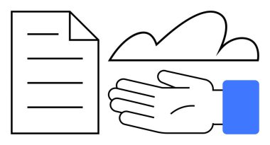 Belge, bulut ve uzanan el dijital depolama, dosya paylaşımı, erişilebilirliği vurguluyor. İşbirliği, teknoloji, çevrimiçi veri ekip çalışması dijital iş akışları için ideal. Düz basit