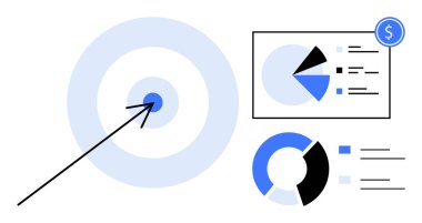 Ok hedef merkezini vuruyor, turta grafikleri, ve finansal ikon tasviri hedef ayarları, analizler ve karar verme mekanizması. İş, finans, pazarlama, veri analizi performans planlaması için ideal