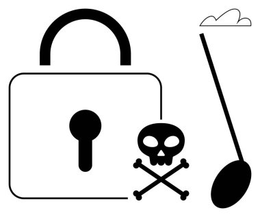 Kafatası, çapraz kemikler, kaşık ve bulut arasındaki kilit güvenlik, ihtiyat ve riski gösteriyor. Teknoloji, mahremiyet, uyarı, siber güvenlik veri koruması için ideal