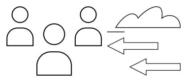 Veri transferini veya paylaşımını temsil eden bir bulut ve oklarla etkileşen üç kullanıcı simgesi. İşbirliği, ağ oluşturma, bulut depolama, iletişim, takım çalışması, dosya aktarımı, dijital