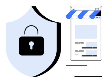 Kalkanı mağaza temalı mobil bir web sitesi ekranının yanına kilitle. Çevrimiçi güvenlik, e-ticaret, gizlilik, şifreleme, siber güvenlik, dolandırıcılık önleme, veri koruması için ideal. Düz basit metafor