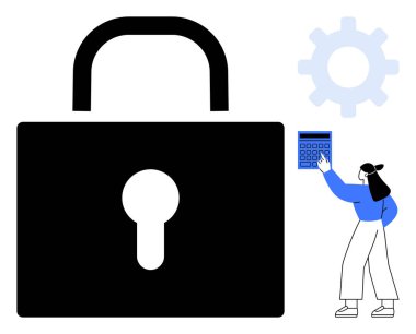 Büyük bir asma kilit sembolü ve hesap makinesine kod giren birinin yanında vites ögesi var. Siber güvenlik, gizlilik, şifreleme, teknoloji, veri koruması, şifre güvenliği için ideal