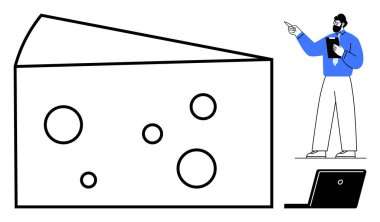 Yaratıcı delikleri olan büyük peynir diyagramı. Ayakta duran adam tabletle kavramları sunuyor ve işaret ediyor. Sunum, analiz, eğitim, beyin fırtınası, metafor ve yemek için ideal